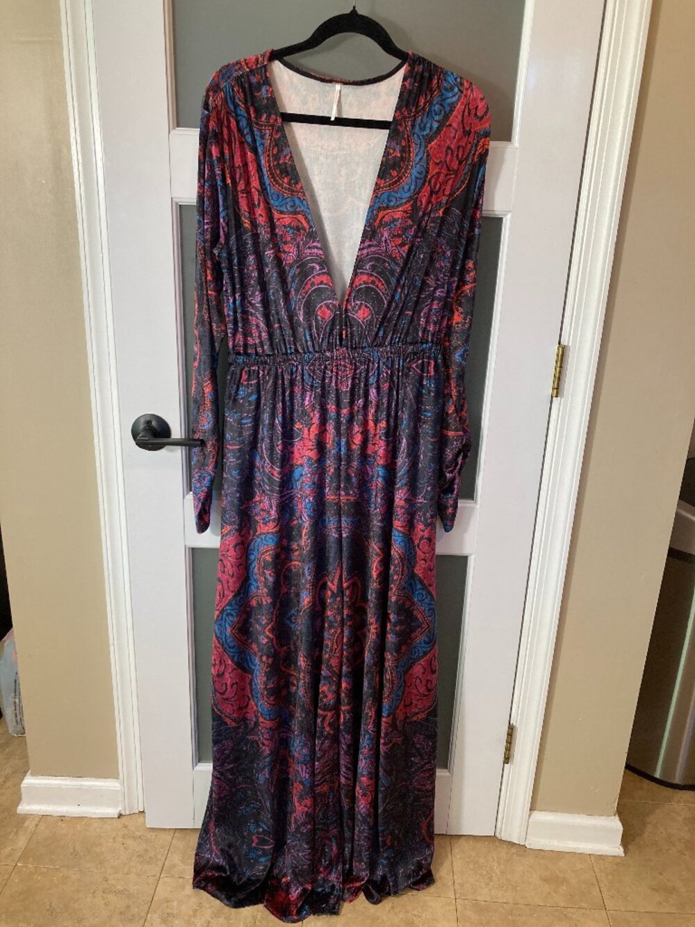 Free People Giselle Velvet Jumpsuit Paisley Wide Leg Plunging V-Neck - Large - Picture 2 of 16